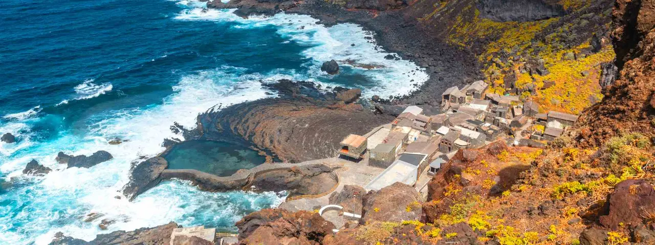 Fishing village of Pozo de las Calcosas on the island of Hierro and the cliffs. Canary Islands, municipality of Valverde
