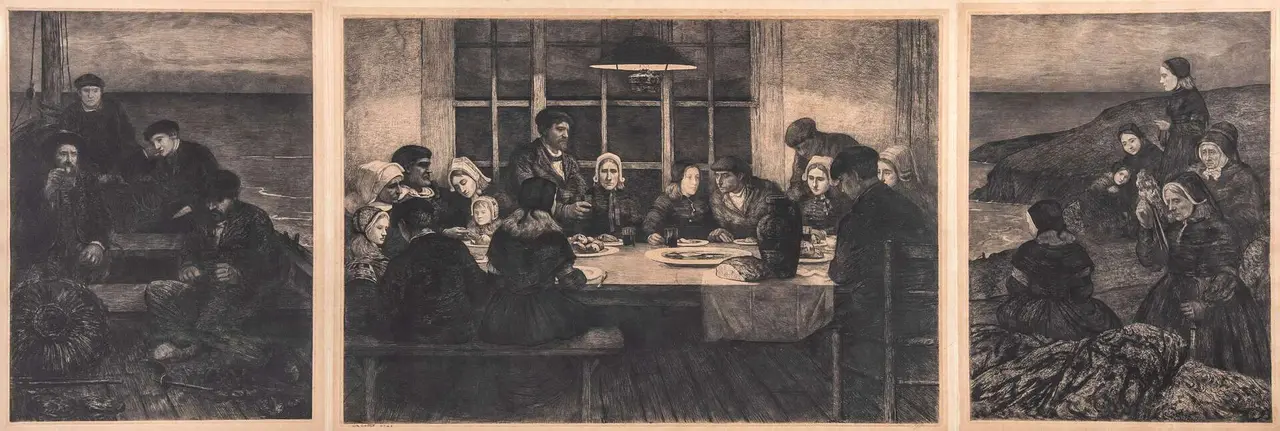 Charles Cottet, Triptyque des adieux : Au pays de la mer : Ceux qui s&rsquo;en vont - Le repas d&rsquo;adieu - Celles qui restent, 1909. | Colecci&oacute;n Zuloaga.