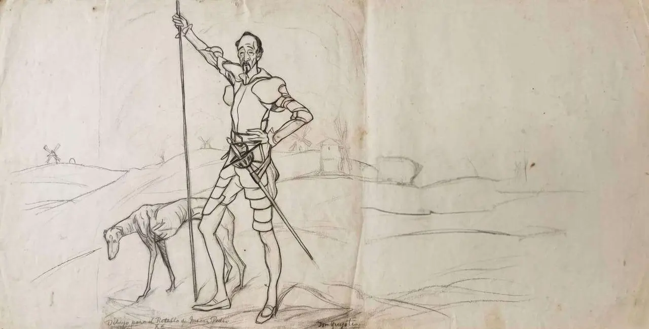 Ignacio Zuloaga Zabaleta,&nbsp;Don Quijote con galgo, dibujo para El retablo de Maese Pedro de Falla, c. 1923, grafito sobre papel, Colecci&oacute;n Zuloaga