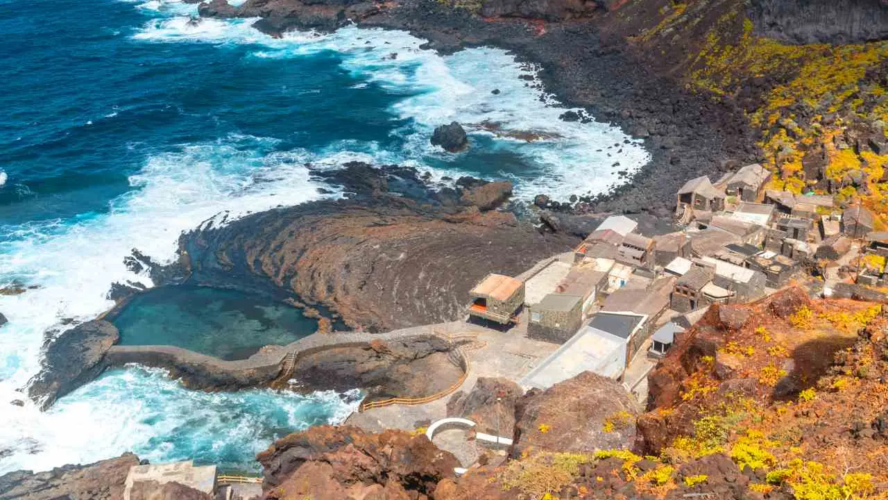 Fishing village of Pozo de las Calcosas on the island of Hierro and the cliffs. Canary Islands, municipality of Valverde