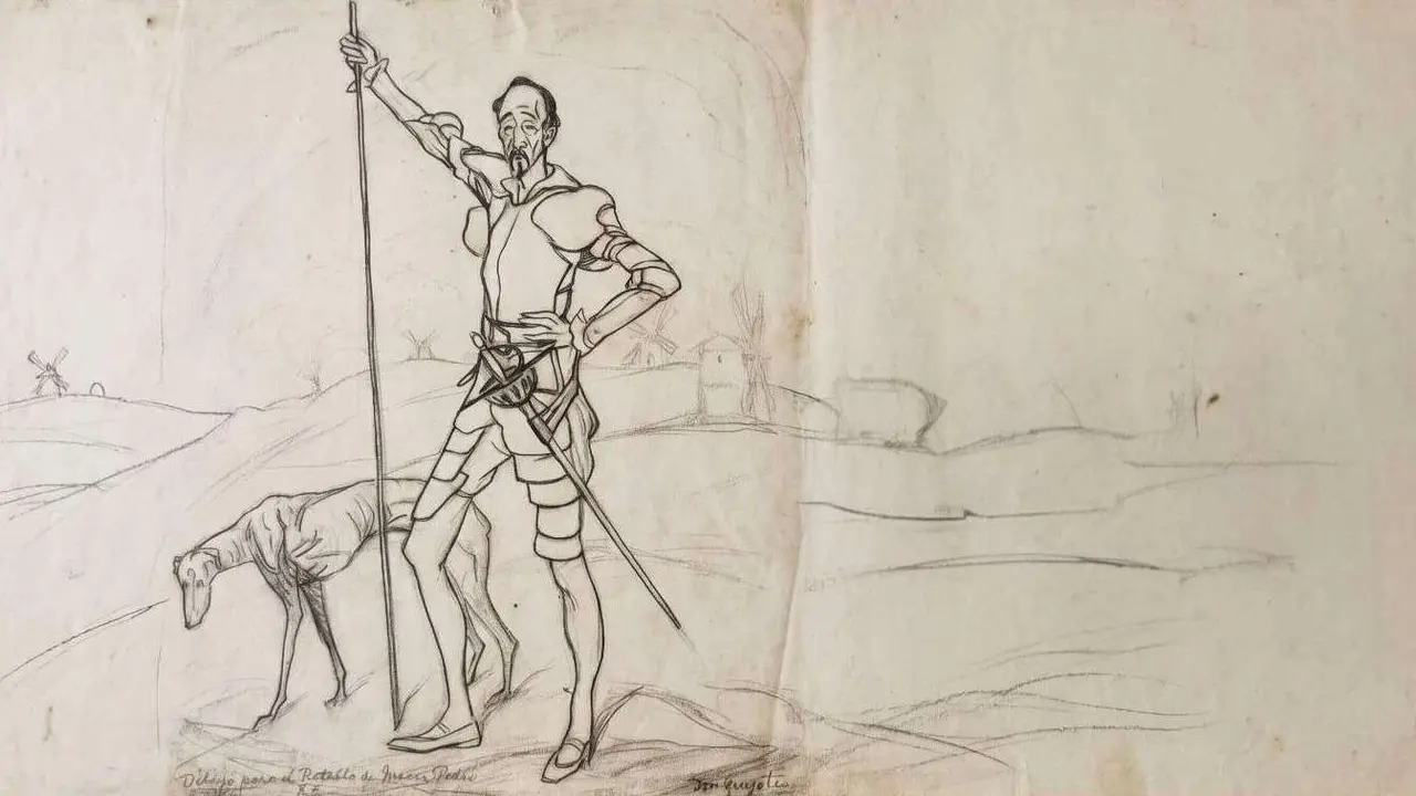 Ignacio Zuloaga Zabaleta,&nbsp;Don Quijote con galgo, dibujo para El retablo de Maese Pedro de Falla, c. 1923, grafito sobre papel, Colecci&oacute;n Zuloaga