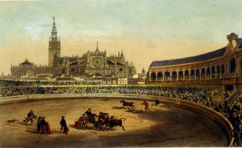 Cuadro mostrando una corrida en la Real Maestranza de Sevilla