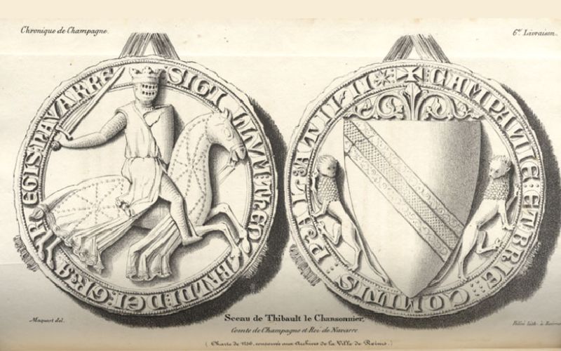 Sellos de Teobaldo I, con la bloca en el caballo, las armas del escudo son del ducado de Champaña