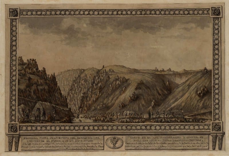 Dibujo del siglo XVIII de la construcción de la presa de El Gasco
