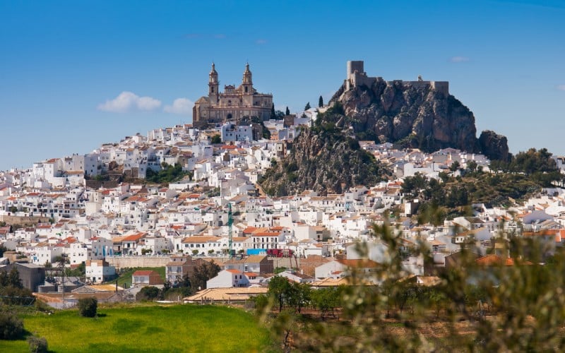 Panorámica del pueblo de Olvera, destacando la iglesia de Nuestra Señora de la Encarnación y el castillo