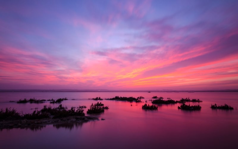 Atardece sobre la laguna rosa