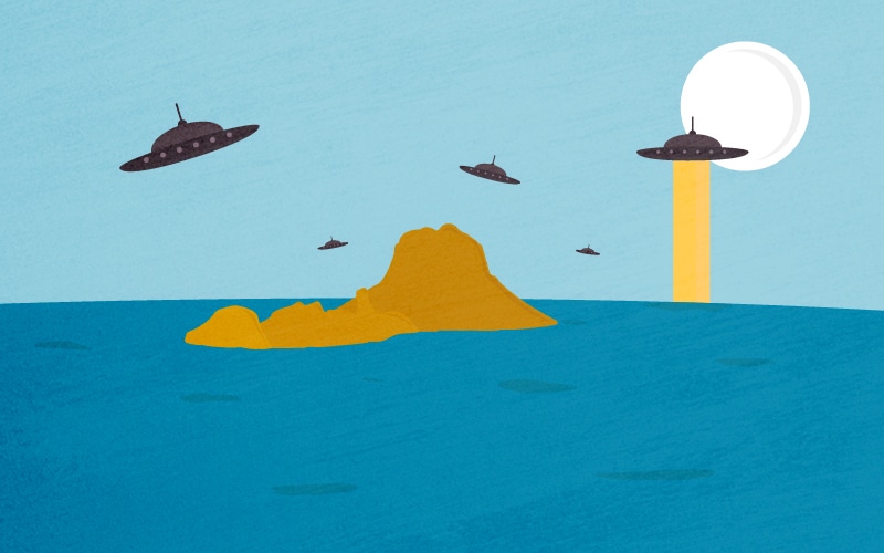 Ilustración de ovnis sobrevolando Es Vedrà