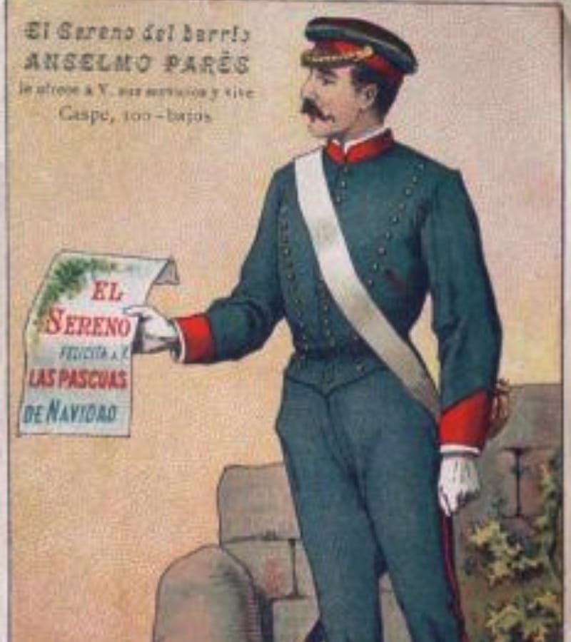 Tarjeta navideña del siglo xix con un sereno vestido de gala