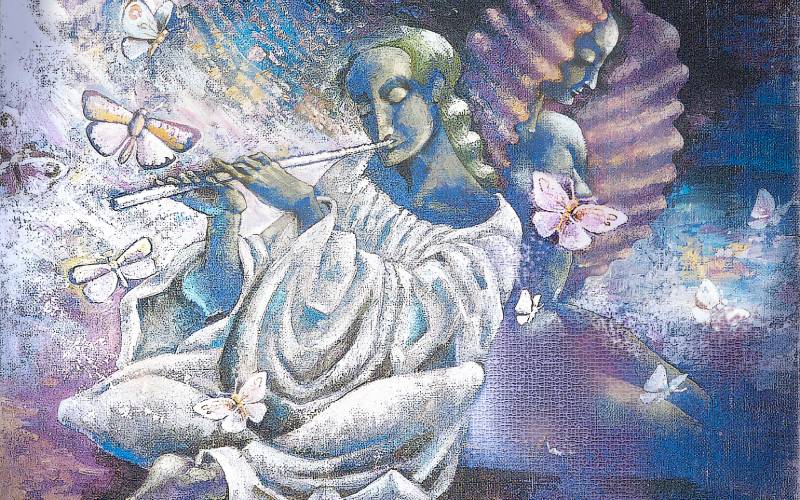 Ilustración de una mujer tocando un instrumento