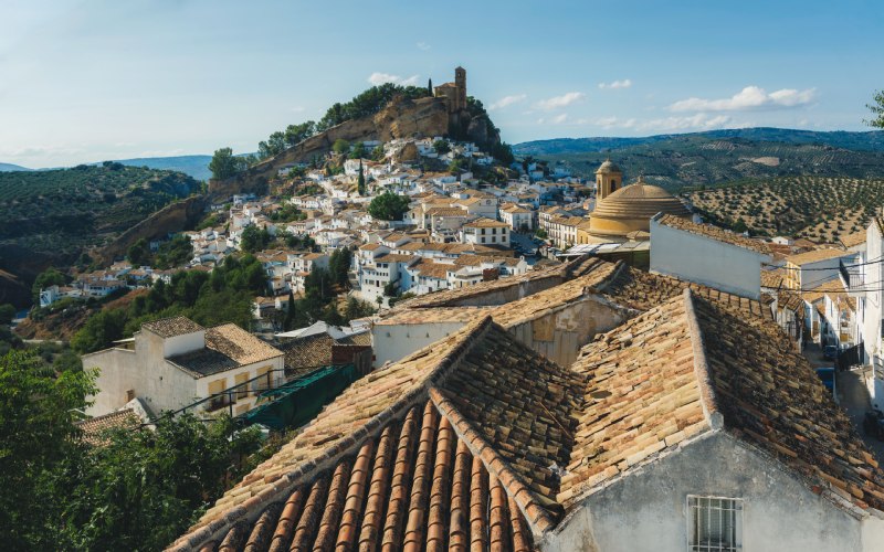 Vista del pueblo con casas de tejas naranjas en primer plano y el castillo en el fondo