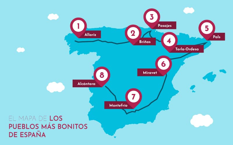 El mapa de España en azul con ocho pueblos marcados en rojo