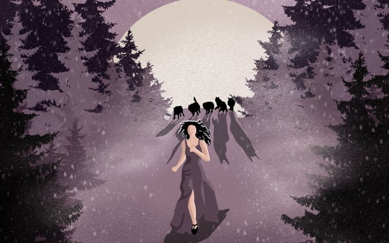 ilustración mujer corriendo con lobos