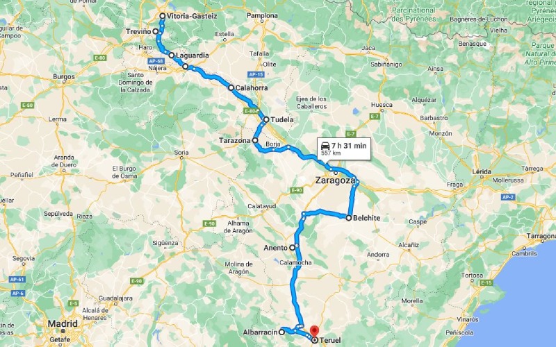 Ruta por carretera entre Vitoria y Teruel