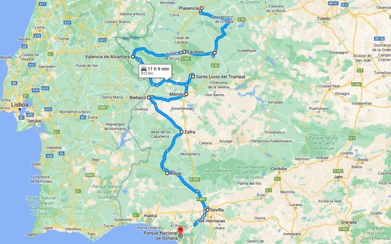 Ruta por carretera entre Plasencia y Sevilla, con posibilidad de terminar en Doñana
