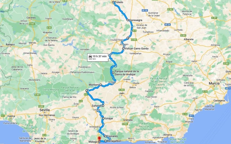 Ruta por carretera entre Toledo y Málaga