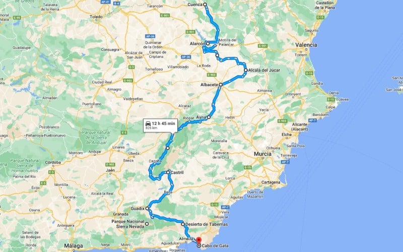 Ruta por carretera entre Cuenca y Almería
