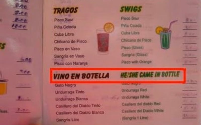 Traducciones divertidas de menús españoles