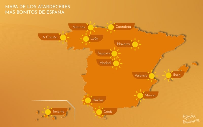 Mapa de los atardeceres más bonitos de España