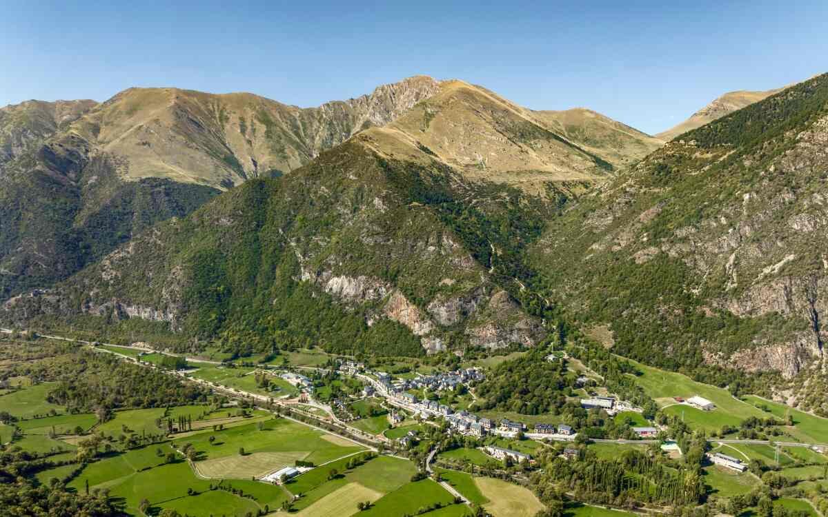 Barruera panoramic aerial view, in the Vall de Boi, Lleida Catalonia Spain
