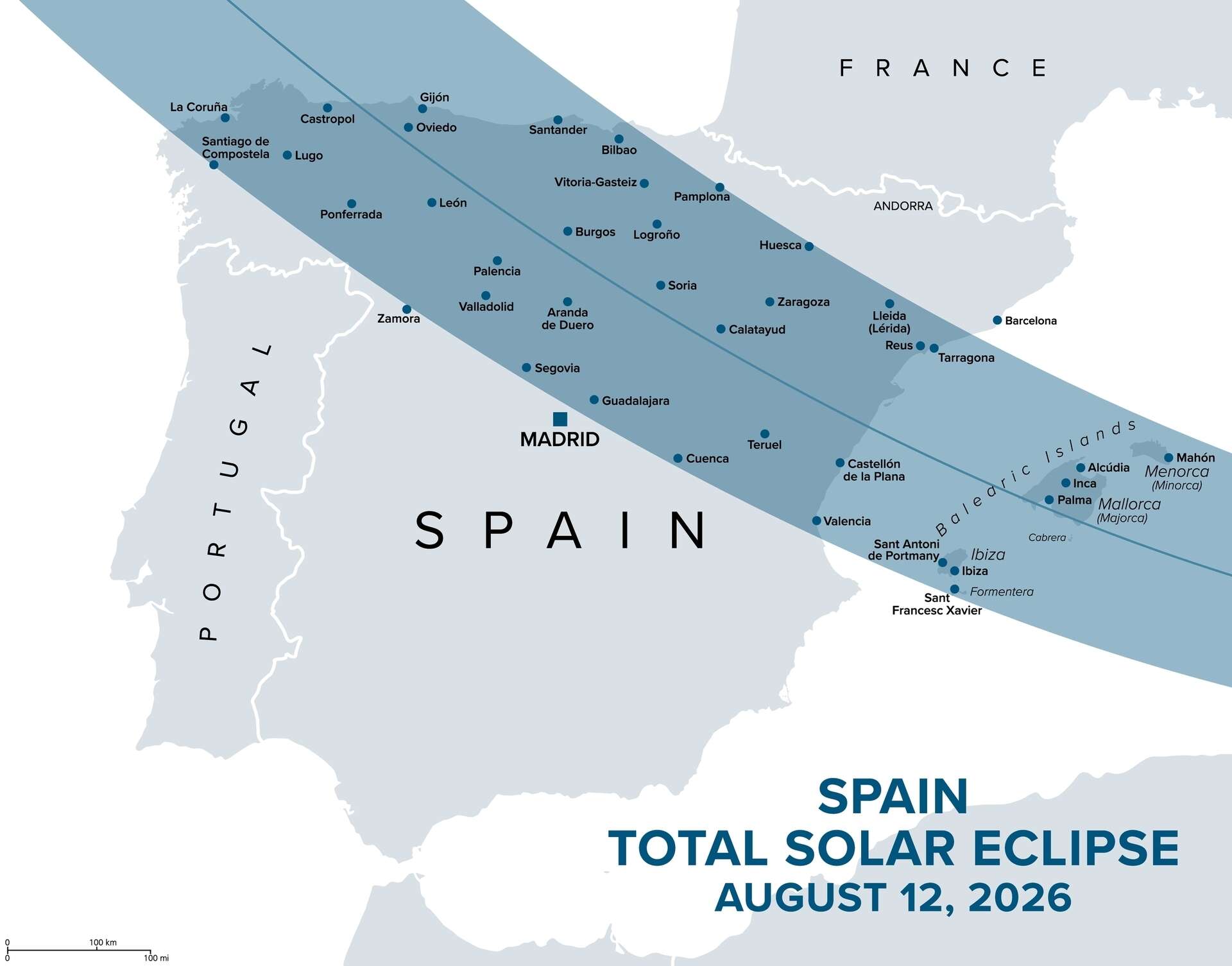 Franja en España desde donde ver el eclipse total el 12 de agosto de 2026. | Shutterstock