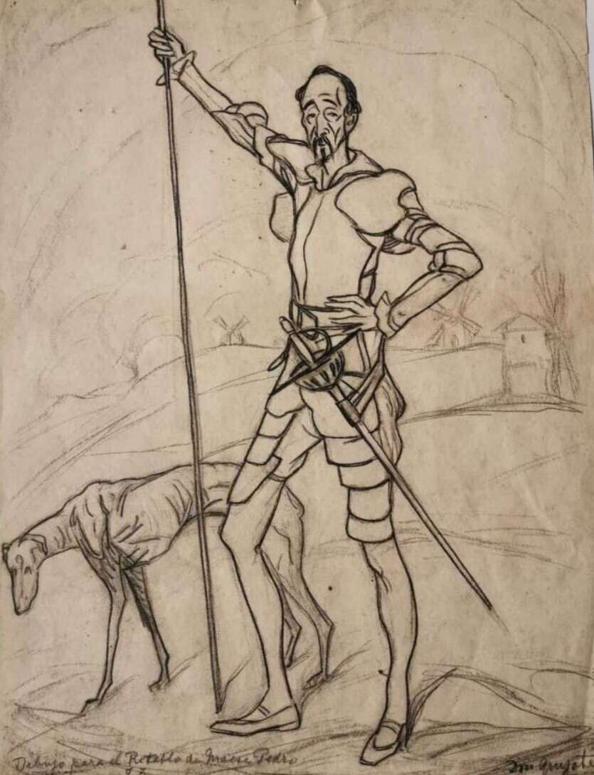 Ignacio Zuloaga Zabaleta, Don Quijote con galgo, dibujo para El retablo de Maese Pedro de Falla, c. 1923, grafito sobre papel. | Colección Zuloaga