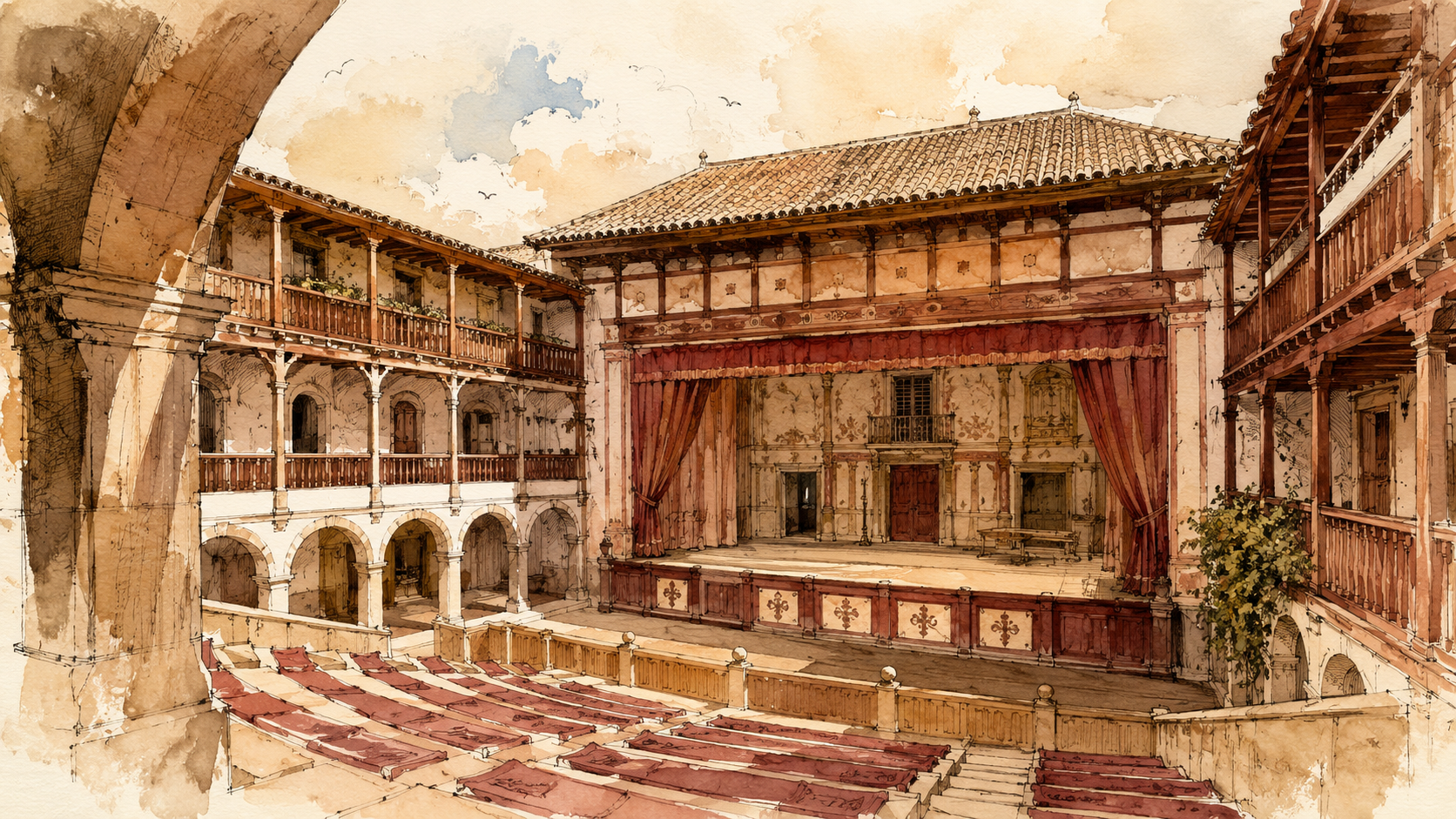 Boceto de una corrala teatral inspirada en los escenarios históricos al aire libre de España. | IA