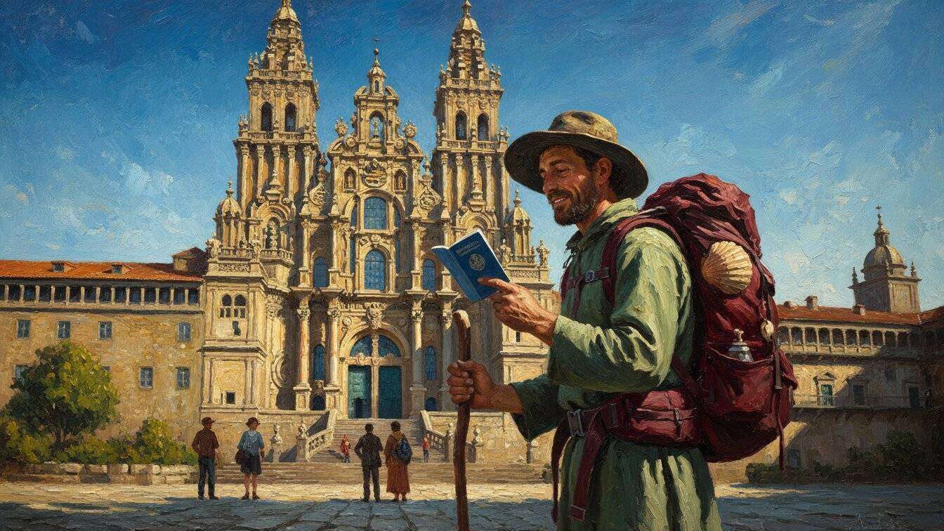 Peregrino con su pasaporte del Camino junto a la Catedral de Santiago de Compostela.  | IA