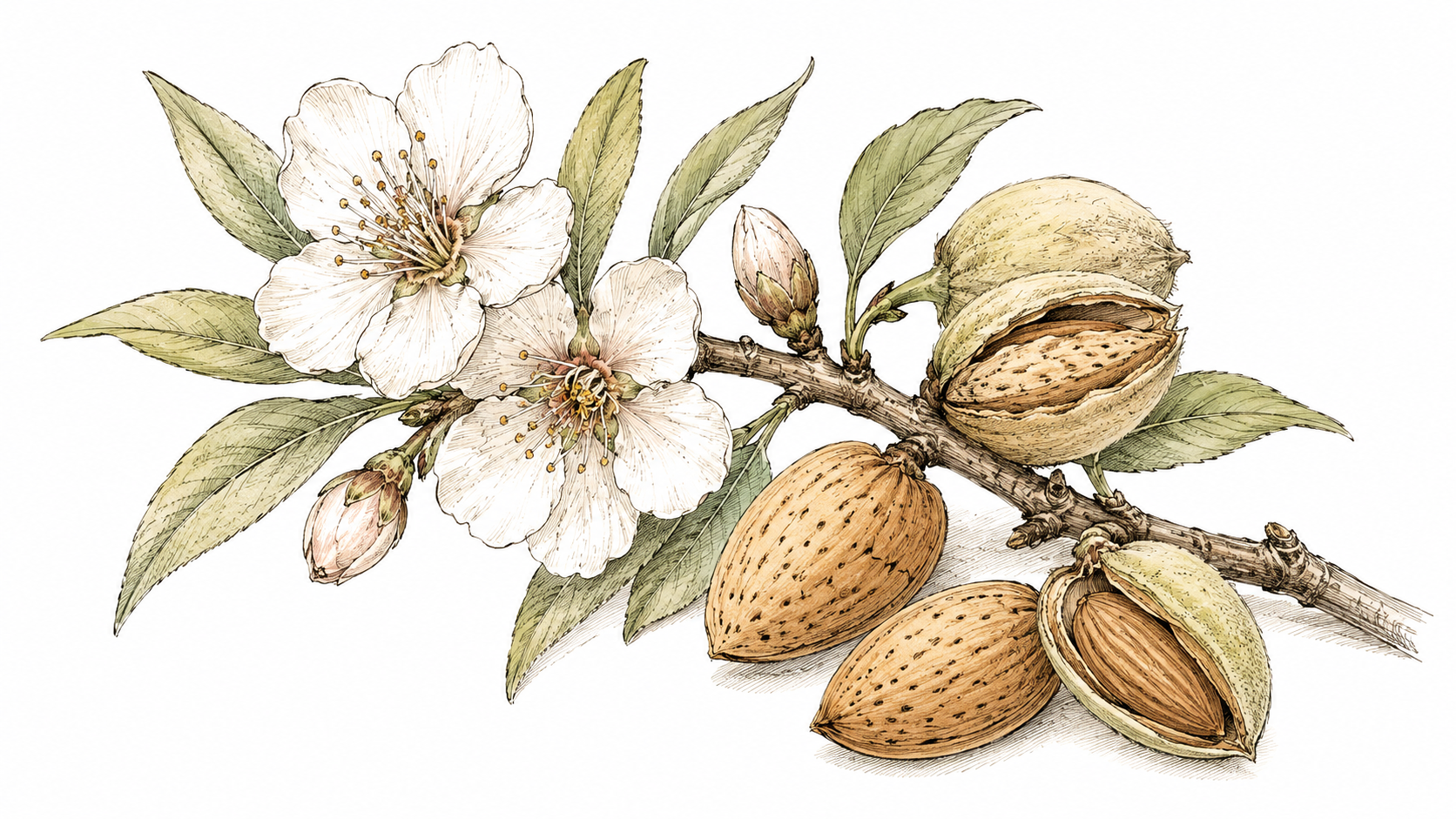 El almendro pasa de las delicadas flores a los frutos que contienen la almendra.