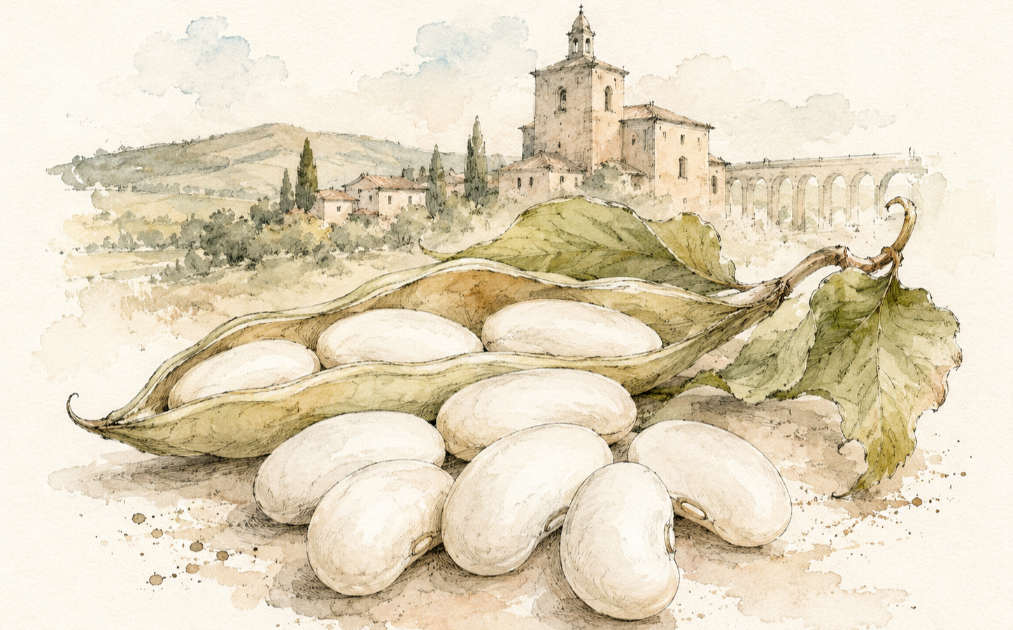 Ilustración del Judión de La Granja, sus vainas y el paisaje histórico asociado al Real Sitio de San Ildefonso. | IA