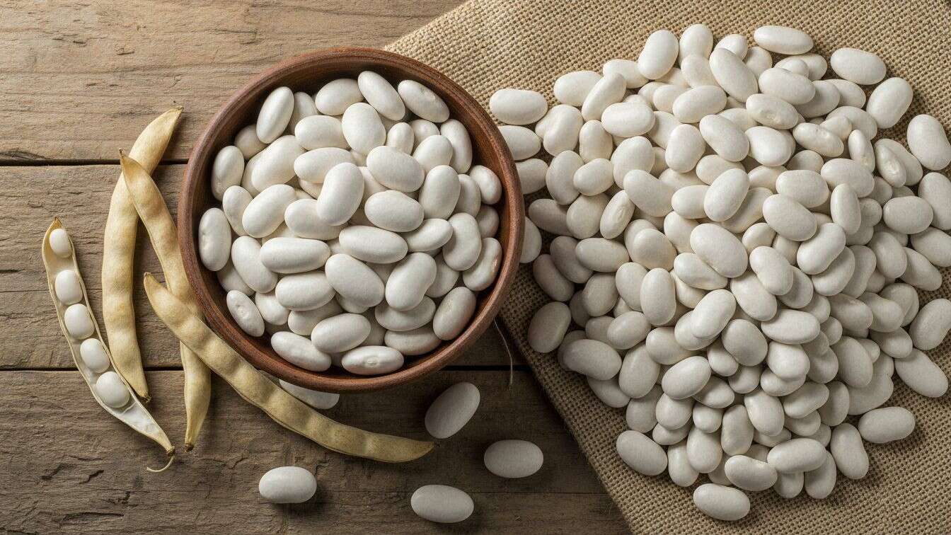 Judiones blancos de gran tamaño junto a sus vainas secas, uno de los rasgos más reconocibles de esta legumbre. | IA