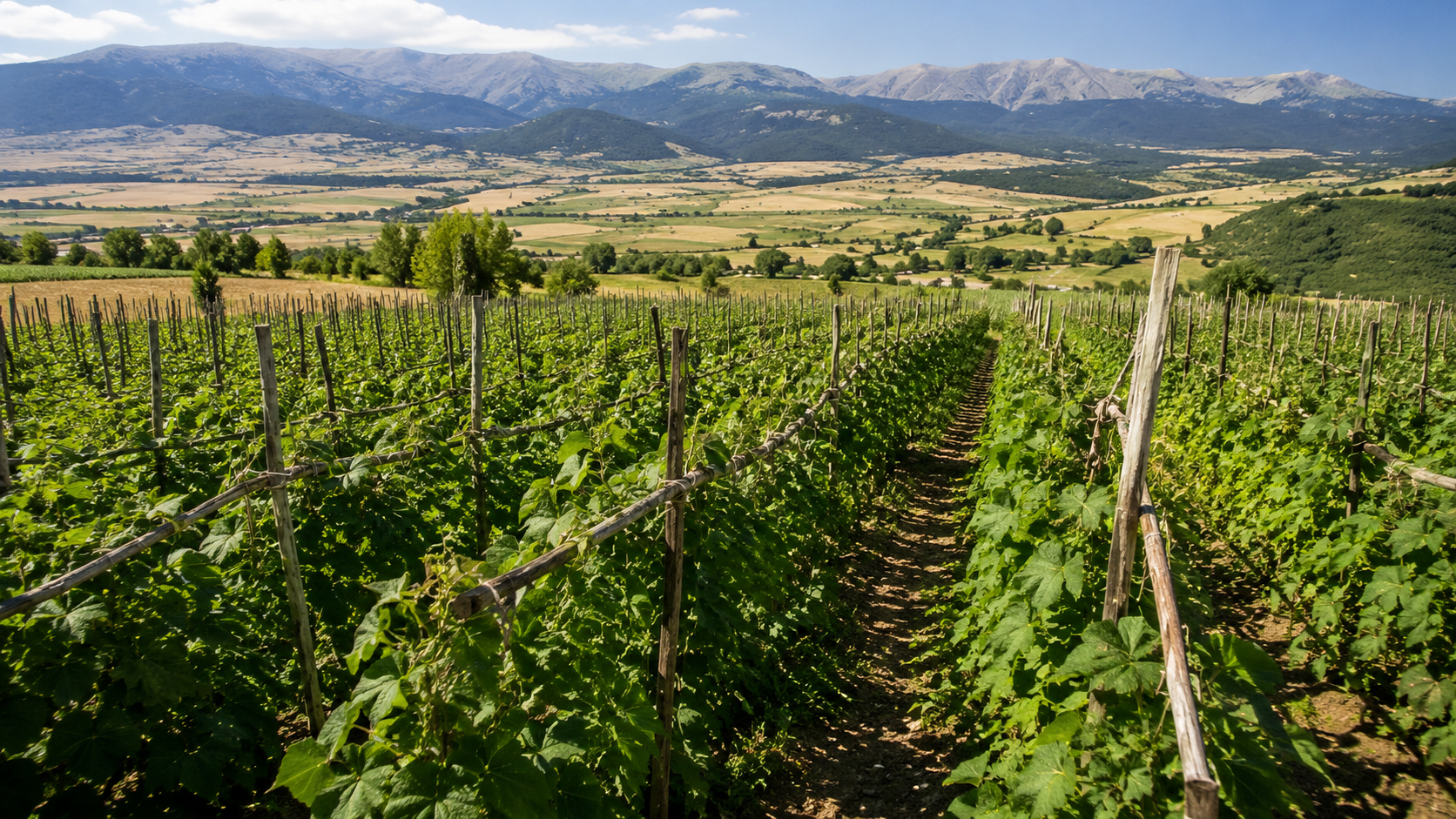 Recreación de un cultivo de judías trepadoras guiadas mediante tutores, con la Sierra de Guadarrama al fondo. | IA